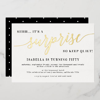 Moderne Gold Stilvolle Skriptüberraschung Geburtst Folieneinladung
