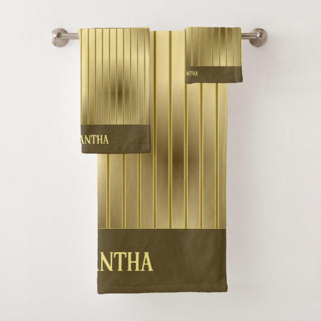 Moderne Gold Streifen und Gold Hintergrundname Badhandtuch Set (Insitu)