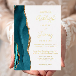 Moderne Gold Teal Blau Achat-Hochzeit Folieneinladung