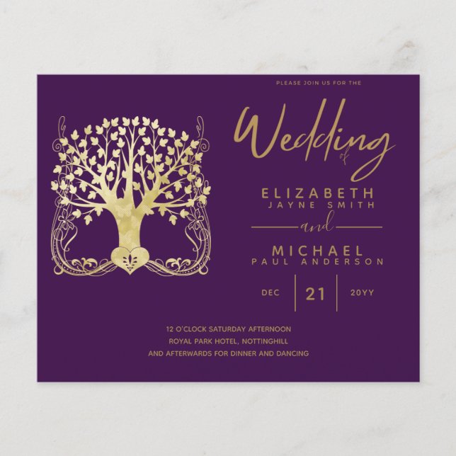 Moderne Gold Tree of Life Budget Wedding Einladung (Vorderseite)