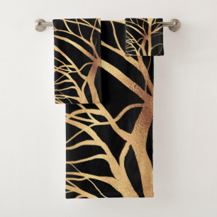 Moderne Gold Tree Silhouette Minimal Black Design Badhandtuch Set