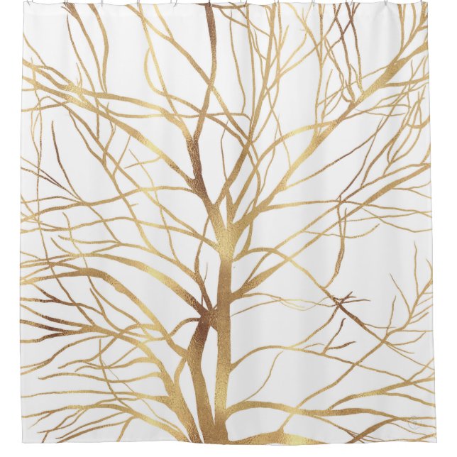 Moderne Gold Tree Silhouette Minimales Weißdesign Duschvorhang (Vorderseite)