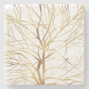 Moderne Gold Tree Silhouette Minimales Weißdesign Steinuntersetzer