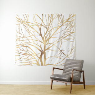 Moderne Gold Tree Silhouette Minimales Weißdesign Wandteppich