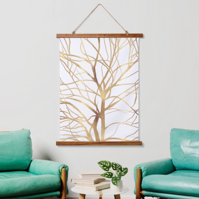 Moderne Gold Tree Silhouette Minimales Weißdesign Wandteppich Mit Holzrahmen (Wohnzimmer)