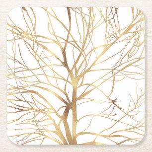 Moderne Gold Tree Silhouette Minimales Weißes Des Rechteckiger Pappuntersetzer