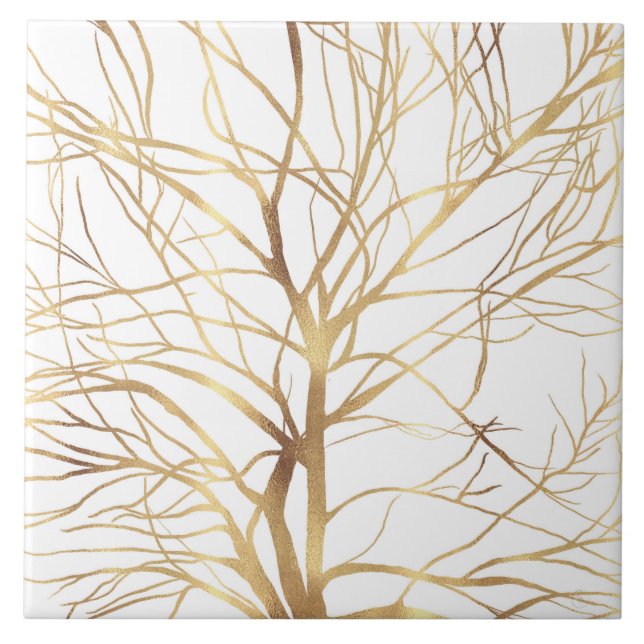 Moderne Gold Tree Silhouette Minimales Weißes Desi Fliese (Vorderseite)
