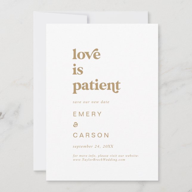 Moderne Gold Typografie Liebe ist Patient Save The Date (Vorderseite)