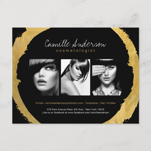 Moderne Gold- und Black Makeup Artistry Comp Card Postkarte (Vorderseite)