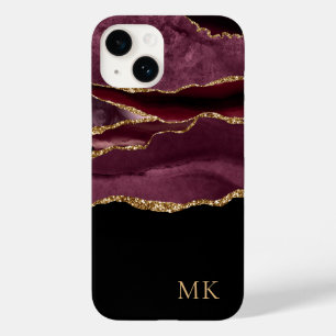 Moderne Gold- und Burgunder-Marmor-Achat-Monogramm Case-Mate iPhone 14 Hülle