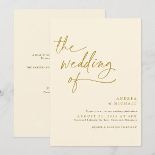 Moderne Gold- und Creme-Handschrift-Hochzeit Einladung