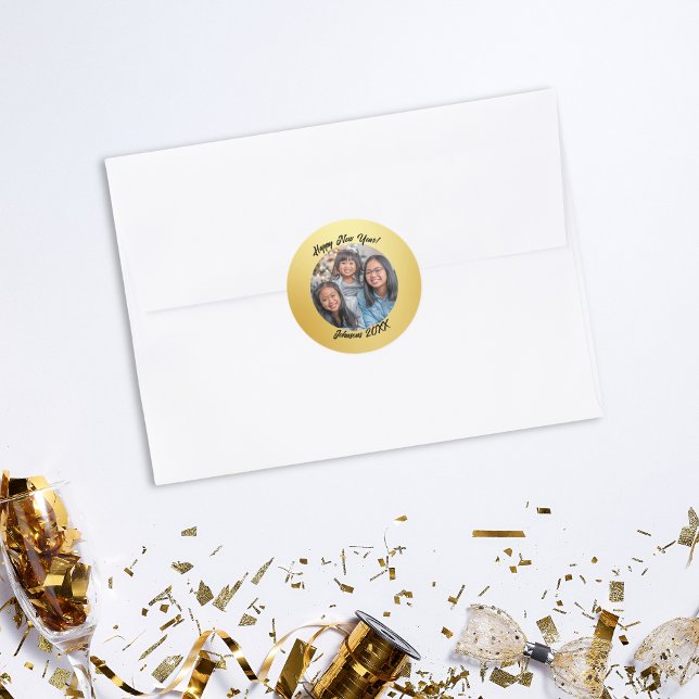 Moderne Gold- und Schwarz-Familien glücklich Neues Runder Aufkleber (Happy New Year Photo Sticker)