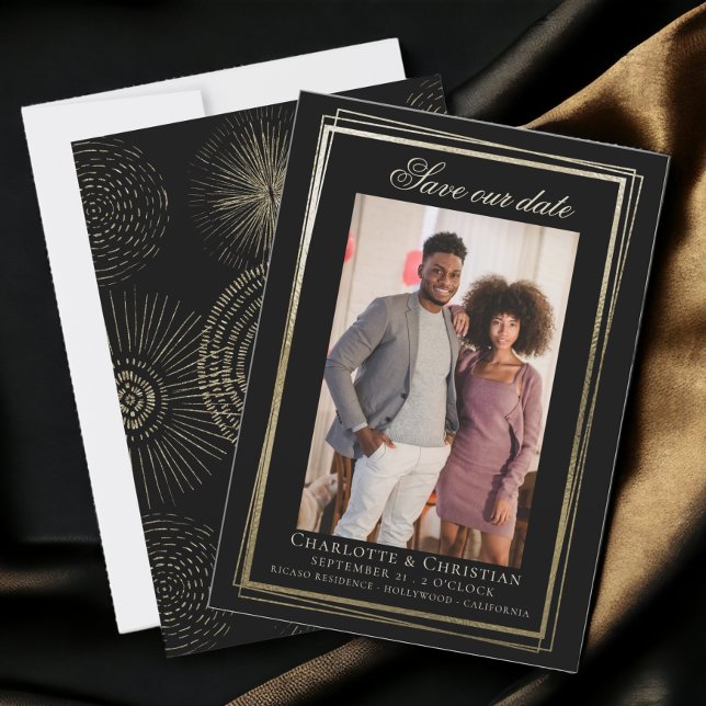 Moderne Gold und Schwarz Rettete unser Datum Hochz (Gold and Black Modern Save Our Date Wedding. A combination of 40s and modern from Ricaso)