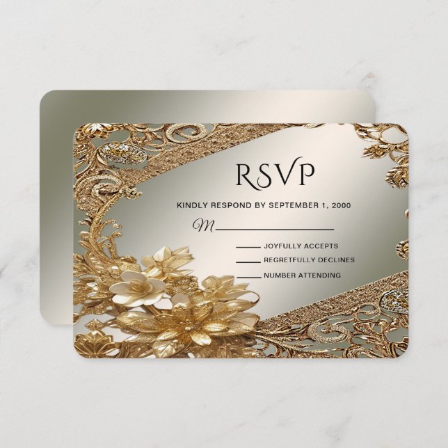 Moderne Gold Verziert-Blütenkarte RSVP Karte (Vorne/Hinten)