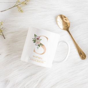 Moderne Gold-Wasserfarbe-Blumen- Buchstabe S Mon Kaffeetasse