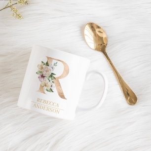Moderne Gold-Wasserfarben-Blumen-Initiale R Mono Kaffeetasse