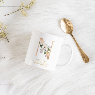 Moderne Gold Watercolor Blume Letter N   Monogramm Kaffeetasse