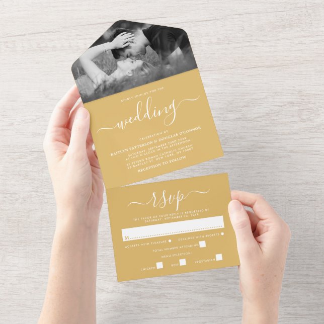 Moderne Gold & White Simple Script Wedding All In One Einladung (Abreißtisch)