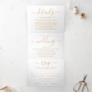 Moderne Gold & White Simple Script Wedding Suite Dreifach Gefaltete Einladung