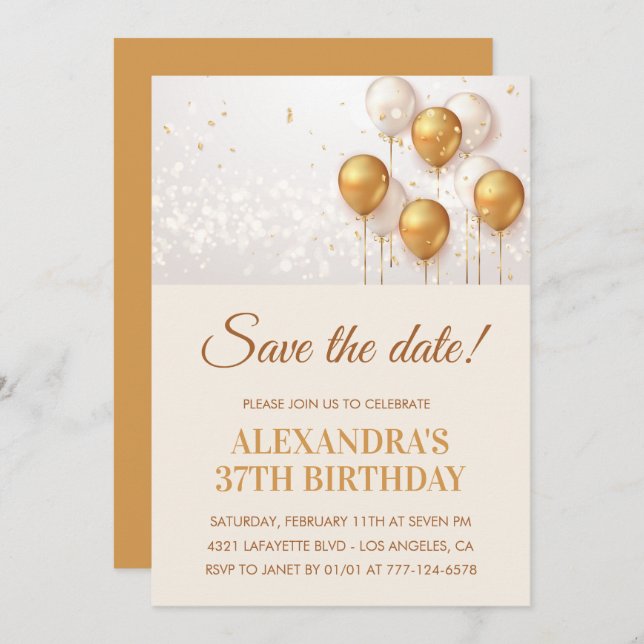 Moderne Goldballons Save the Date 37. Einladung (Vorne/Hinten)