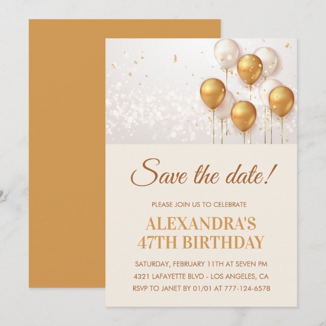 Moderne Goldballons Save the Date 47. Geburtstag Einladung (Vorne/Hinten)