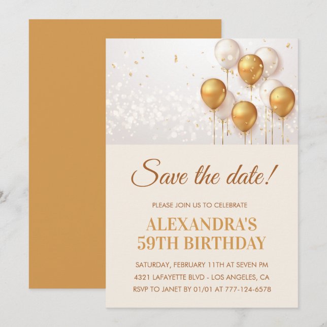 Moderne Goldballons Save the Date 59. Einladung (Vorne/Hinten)