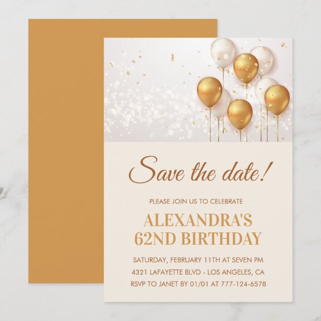 Moderne Goldballons Save the Date 62. Geburtstag Einladung (Vorne/Hinten)