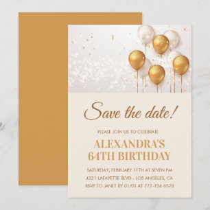 Moderne Goldballons Save the Date 64. Geburtstag Einladung