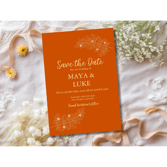 Moderne Goldblätter in verbranntem Orange Save The Date (Von Creator hochgeladen)