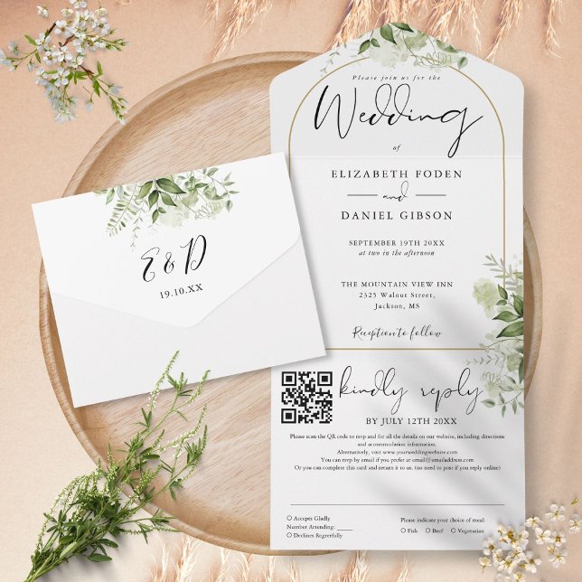 Moderne Goldbogen QR Code Grüne Hochzeit All In One Einladung (Modern Gold Arch QR Code Greenery Wedding All In One Invitation)