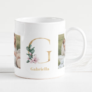 Moderne Goldbuchstabe G-Blume Zweifoto-Monogramm Kaffeetasse