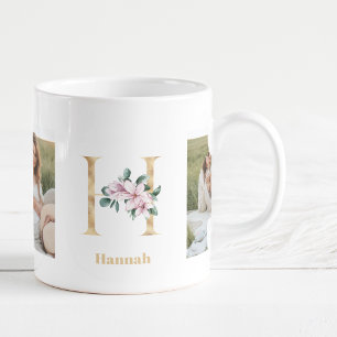 Moderne Goldbuchstabe H-Blume   Zweifoto-Monogramm Kaffeetasse