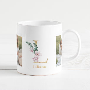 Moderne Goldbuchstabe L Blume Zweifoto-Monogramm Kaffeetasse