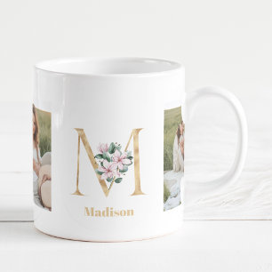 Moderne Goldbuchstabe M-Blume Zweifoto-Monogramm Kaffeetasse