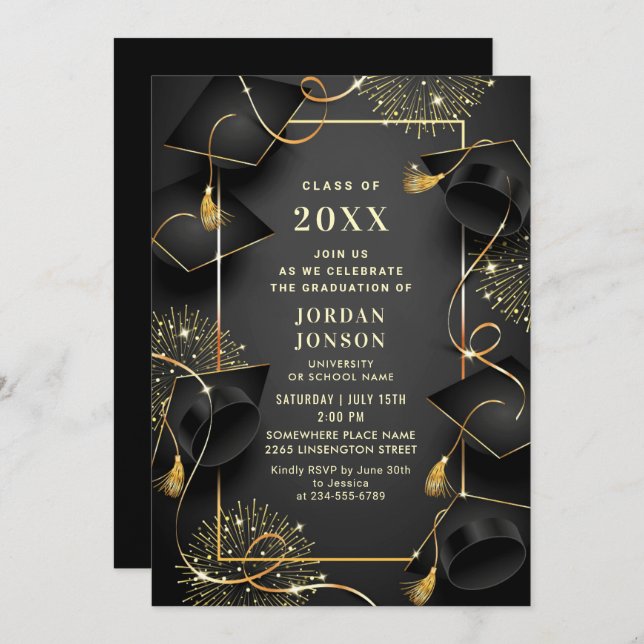 Moderne Golden Black Graduation Party Einladung (Vorne/Hinten)