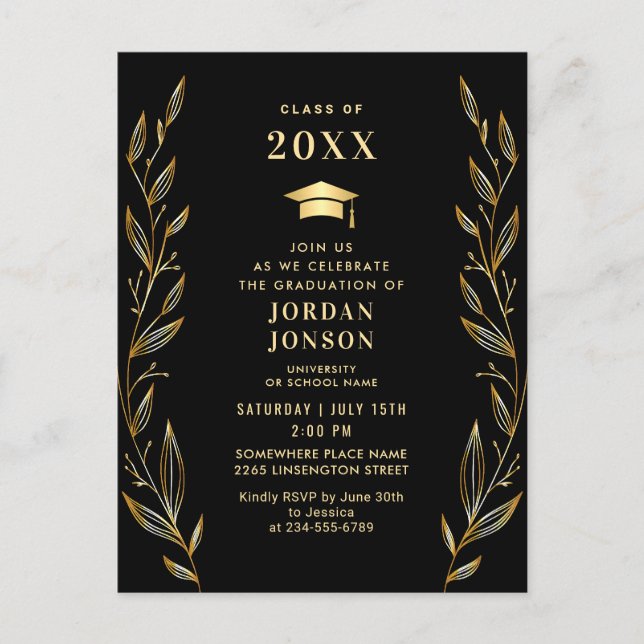 Moderne Golden Black Graduation Party Einladung QR Postkarte (Vorderseite)
