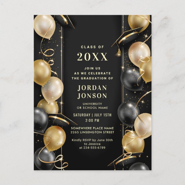 Moderne Golden Black Graduation Party Einladung QR Postkarte (Vorderseite)