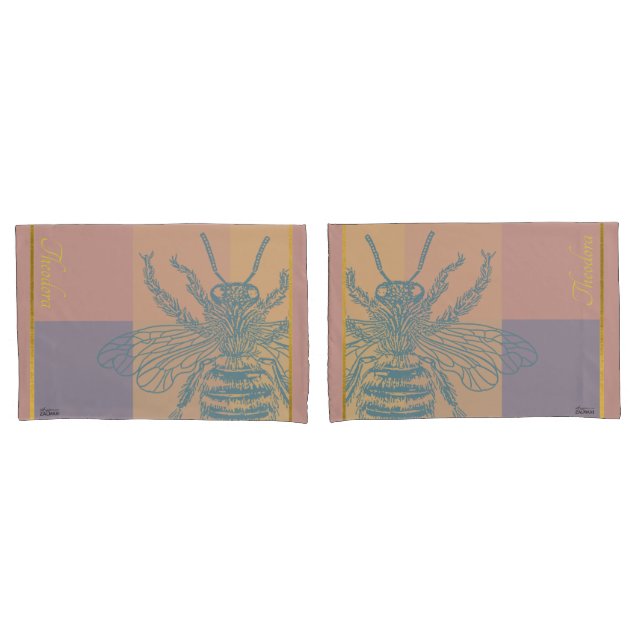 Moderne Golden Blue Bee Kissenbezug (Vorderseite-Set)