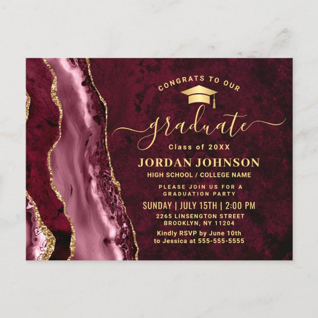 Moderne Golden Burgundy Graduation Party Einladung Postkarte (Vorderseite)