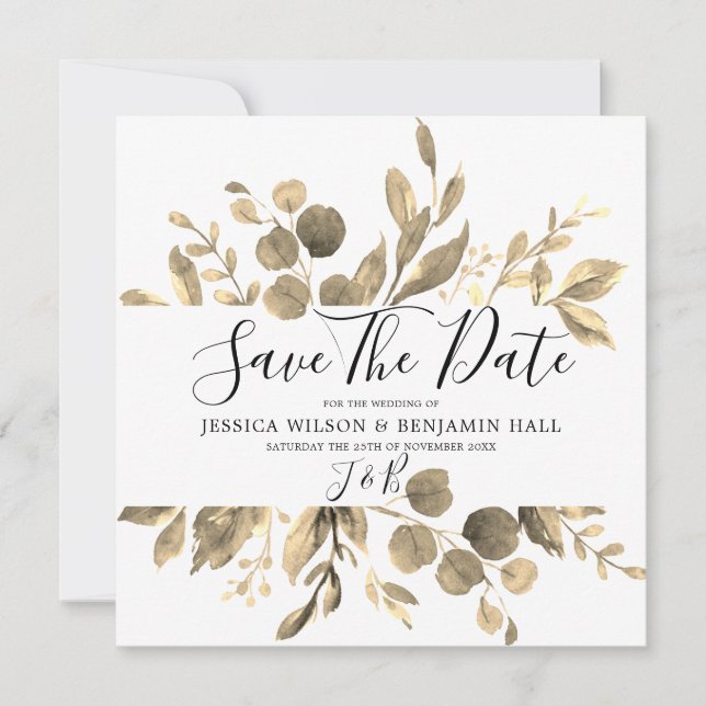 Moderne Golden Garden Blätter Hochzeit Save The Date (Vorderseite)
