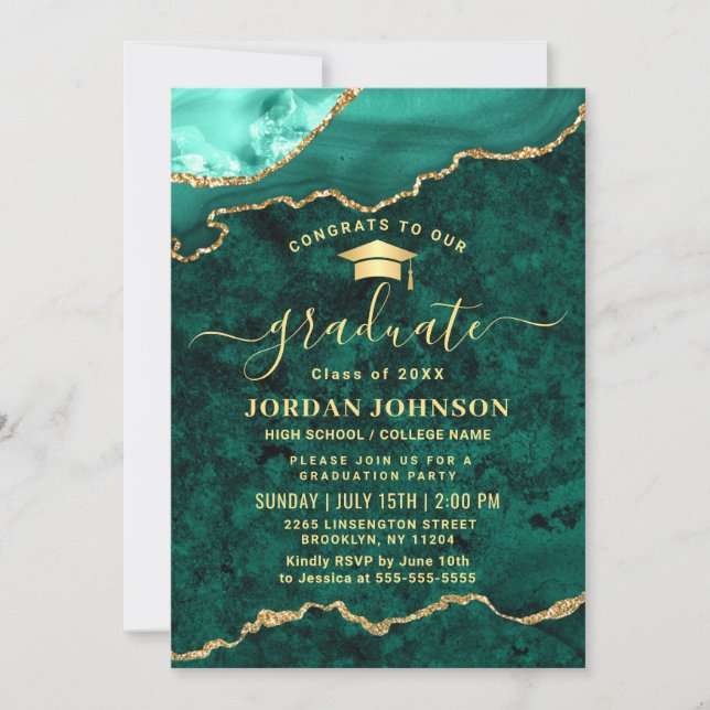 Moderne Golden Green Marble Graduation Party Einladung (Vorderseite)