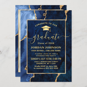 Moderne Golden Navy Blauer Marmor Graduation Party Einladung