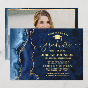 Moderne Golden Navy Blauer Marmor Graduation Party Einladung