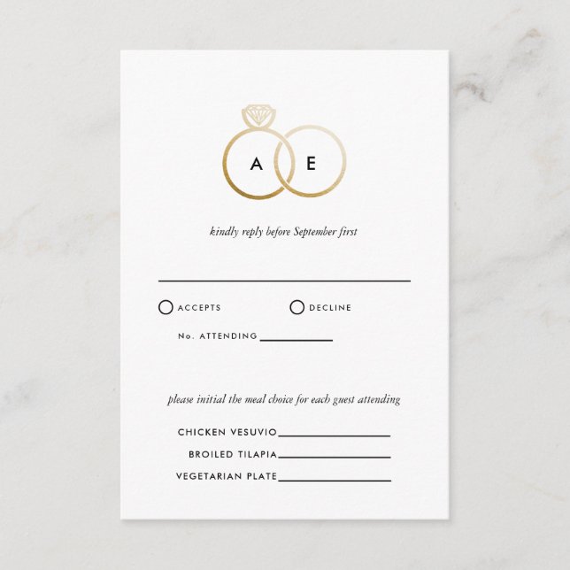 Moderne Golden Rings Wedding RSVP Antwortkarte Begleitkarte (Vorderseite)