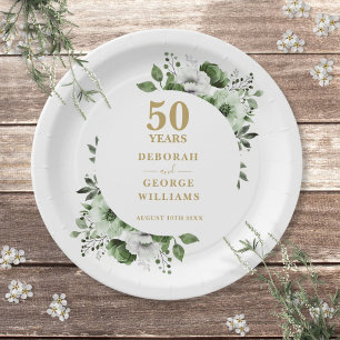 Moderne Goldene 50. Hochzeitstag Grünelemente Pappteller