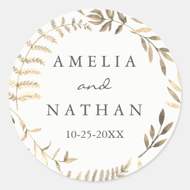 Moderne goldene Blätterkranz-Hochzeitsaufkleber Runder Aufkleber (Vorderseite)