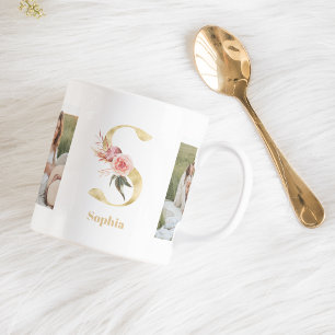 Moderne goldene Blumeninitiale S   Zweifaches Foto Kaffeetasse