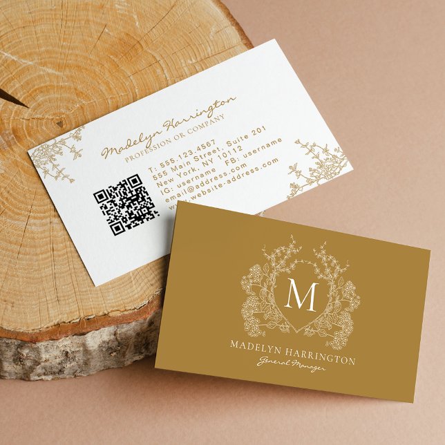 Moderne goldene florale Wappen-Monogramm-QR-Code Visitenkarte (Von Creator hochgeladen)