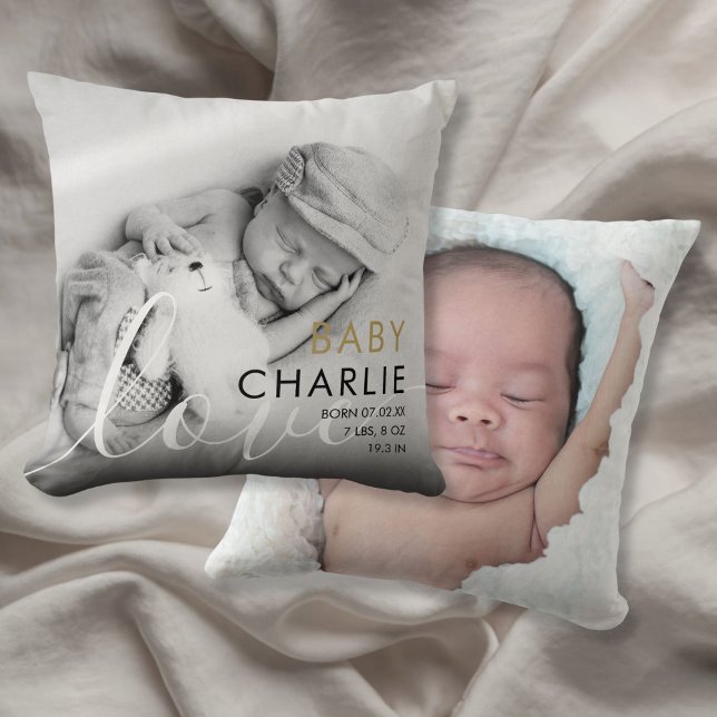 Moderne goldene Foto-Baby-Geburtsstatistik-Ankündi Kissen (Modern Gold Photo Baby Birth Stats Announcement Throw Pillow)