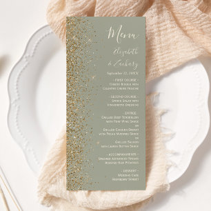 Moderne goldene Glitter-Sage-Grün-Hochzeit Menükarte